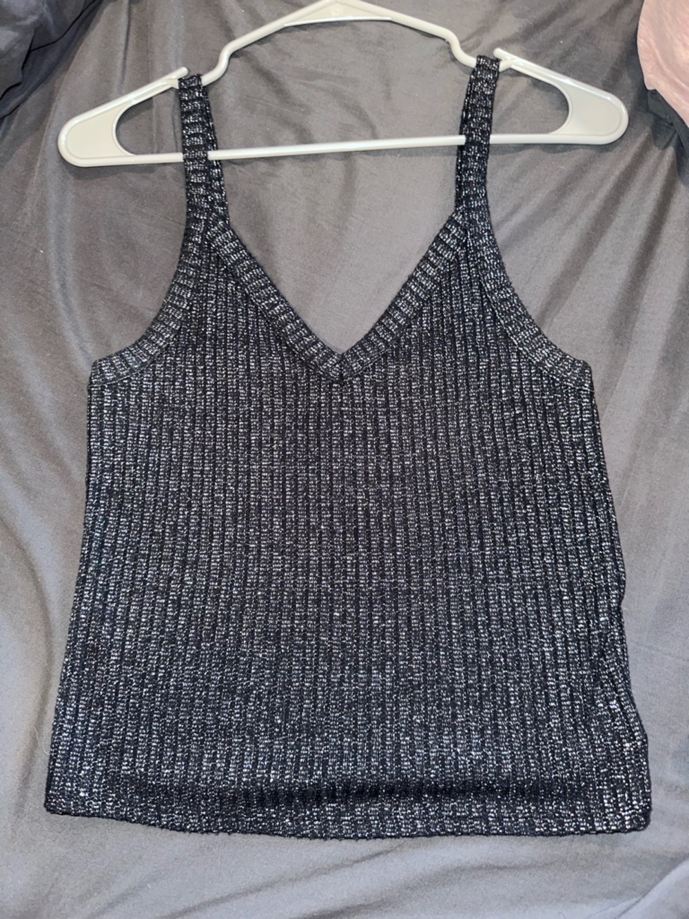 American Eagle Outfitters Black & White Shimmer Ribbed V-Neck Tank